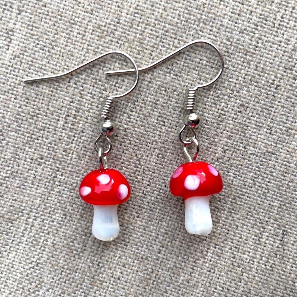 Cute little polka dot mushroom drop earrings resin red white mario fairy gift